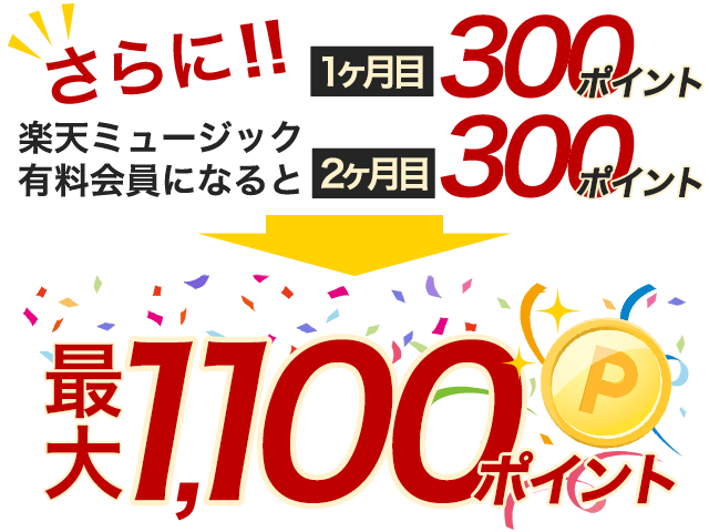 さらに楽天ミュージック会員になると1ヶ月目300ポイント、2ヶ月目300ポイント、最大1,100ポイント!