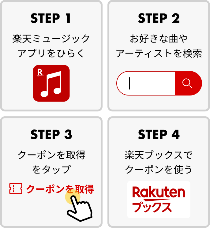 STEP 1: 楽天ミュージックアプリをひらく ▶︎ STEP 2: お好きな曲やアーティストを検索 ▶︎ STEP 3: クーポンを取得をタップ ▶︎ STEP 4: 楽天ブックスでクーポンを使う